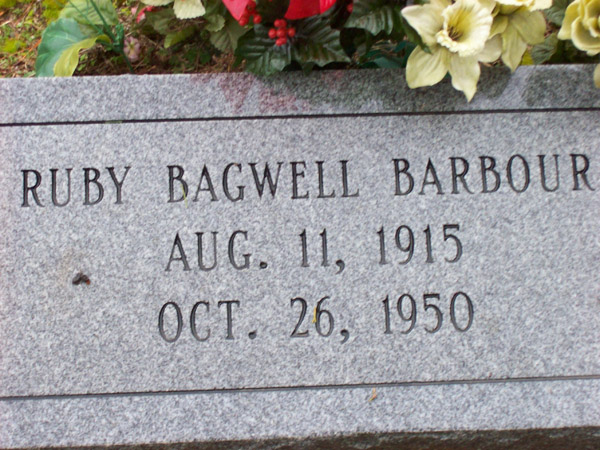 Ruby Elsie (Bagwell) Barbour's Tombstone
Bagwell Cemetery, Wake County, North Carolina
Photograph courtesty of Kelli Michelle Bagwell