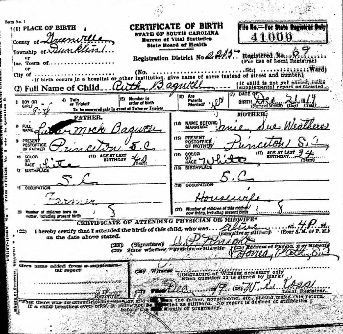 Sara Ruth Bagwell - 1919 to 2000
Certificate of Birth - State of South Carolina