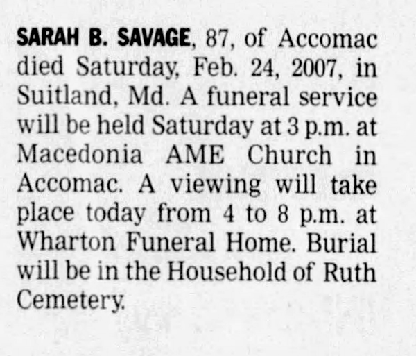 Sarah Alice (Bagwell) Savage - Obituary
The Daily Times (Salisbury, Maryland), March 02, 2007 - Page 10