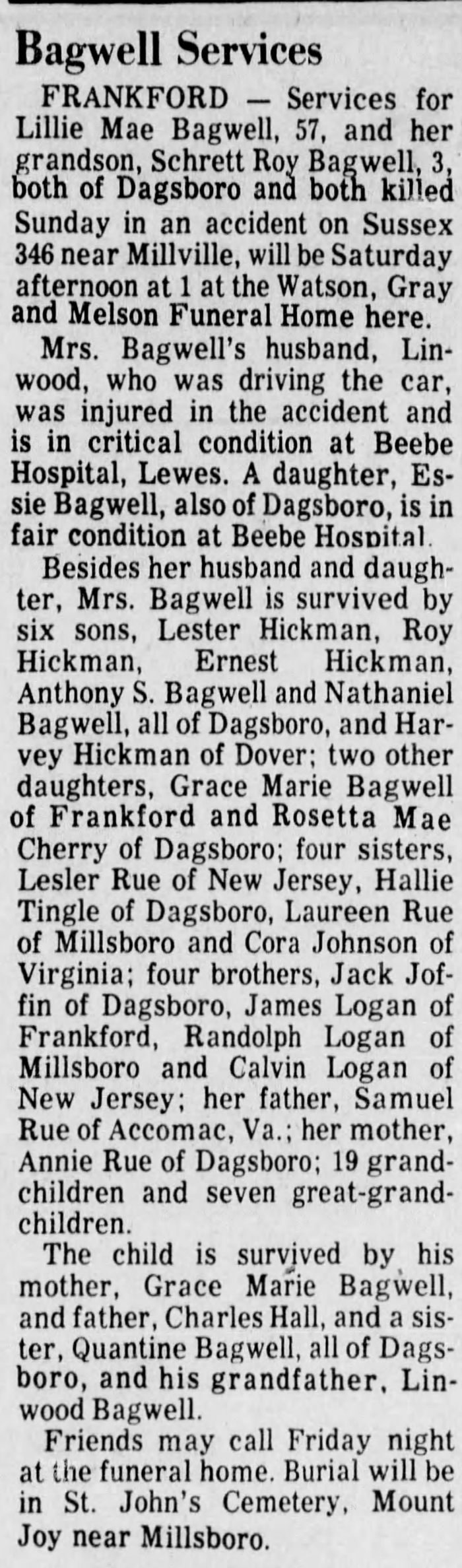 Schorett Roy Bagwell - Obituary / News
The News Journal - December 31, 1975 - Page 19