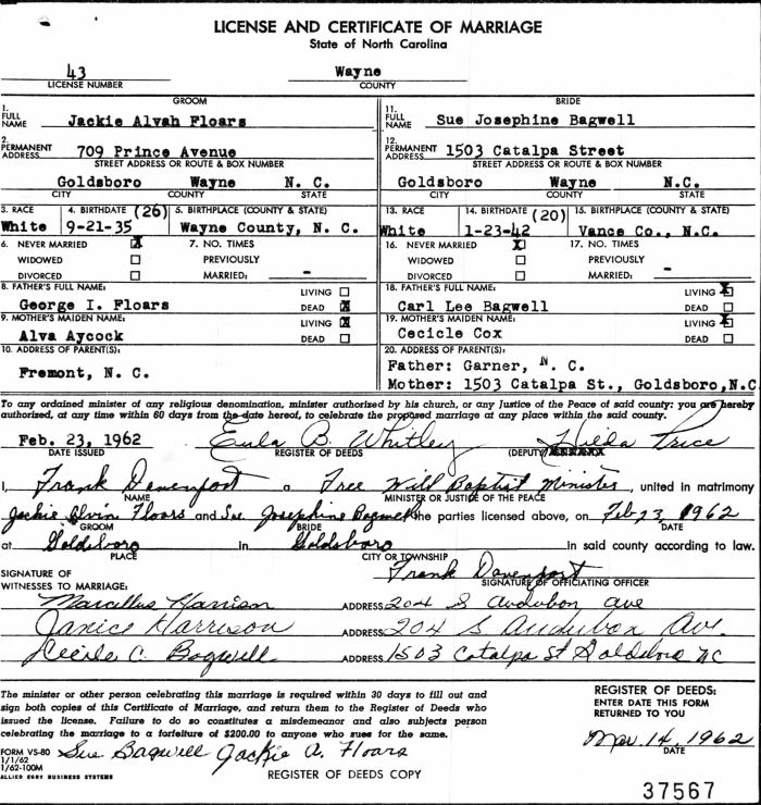 Sue Josephine Bagwell and Jackie Alva Floars
License and Certificate of Marriage - State of North Carolina