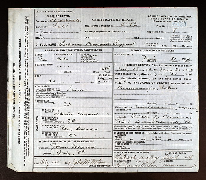 Susan (Bagwell) Cropper - 1877 to 1914
Certificate of Death - Commonwealth of Virginia