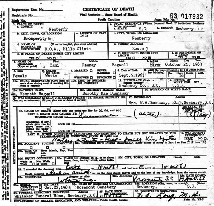 Tami Reeney Bagwell - 1963 to 1963
Certificate of Death - State of South Carolina