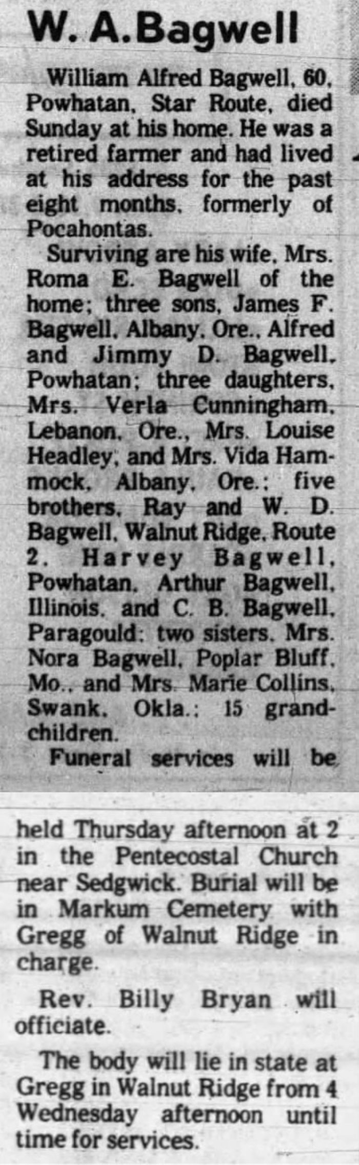 William Alfred Bagwell - Obituary
The Sun - September 17, 1974 - Page 10