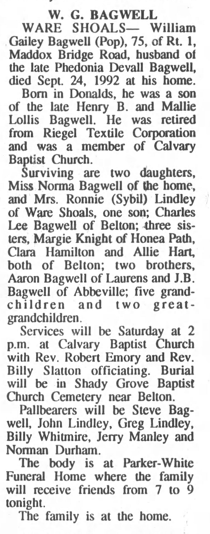 William Gailey Bagwell - Obituary
The Index Journal - September 25, 1992 - Page 02