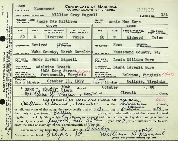 William Gray Bagwell and Annie Mae Eure
Certificate of Marriage - Commonwealth of Virginia