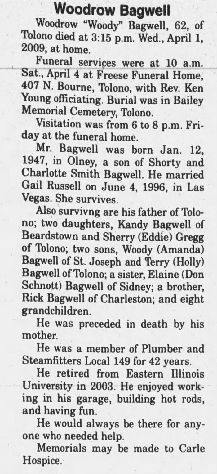 Woodrow Gilbert Bagwell - Obituary
Southern Champaign County Today - April 08, 2009 - Page 07