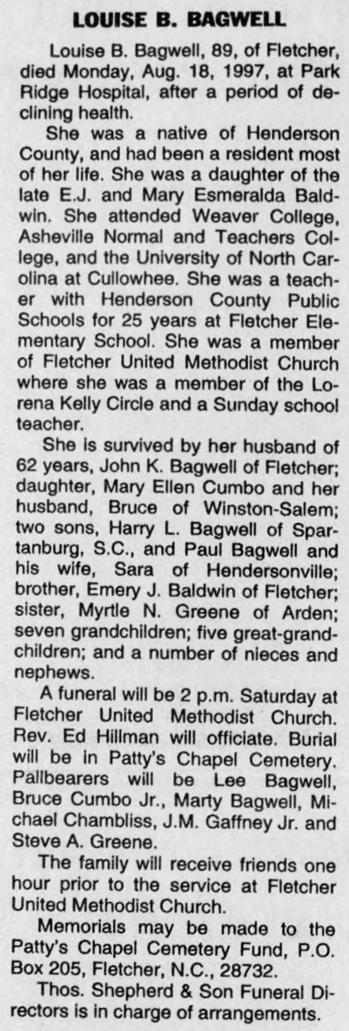 Mary Louise (Baldwin) Bagwell - Obituary
Asheville Citizen Times - August 21, 1997 - Page 10