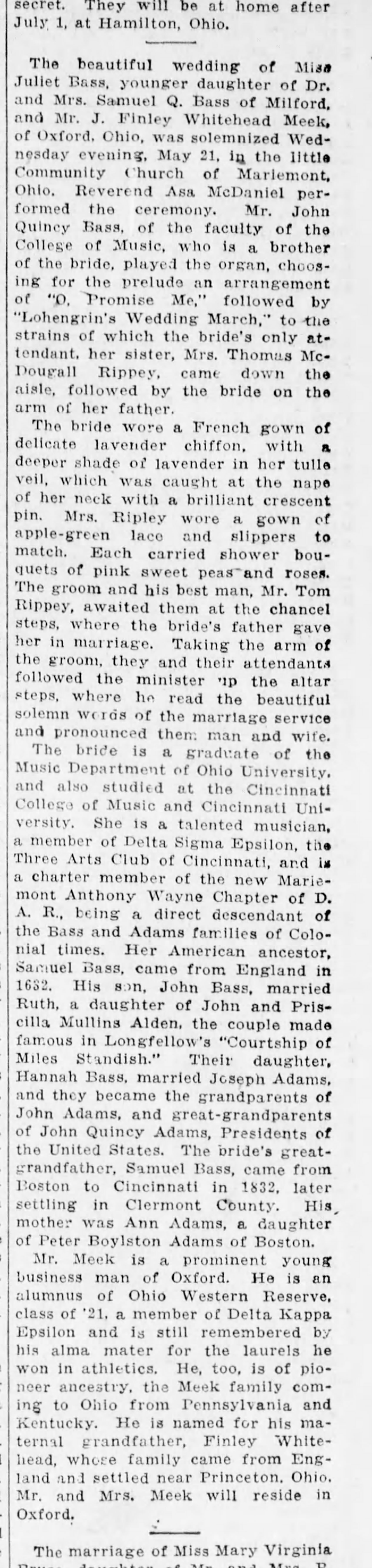 Juliet Elizabeth Bass and James Finely Meek - Marriage Annoucement
The Cincinnati Enquirer - June 8, 1930 - Page 94
