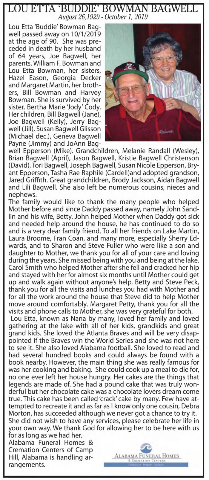 Lou Etta (Bowman) Bagwell - Obituary
The Birmingham News - September 06, 2019 - Page A19