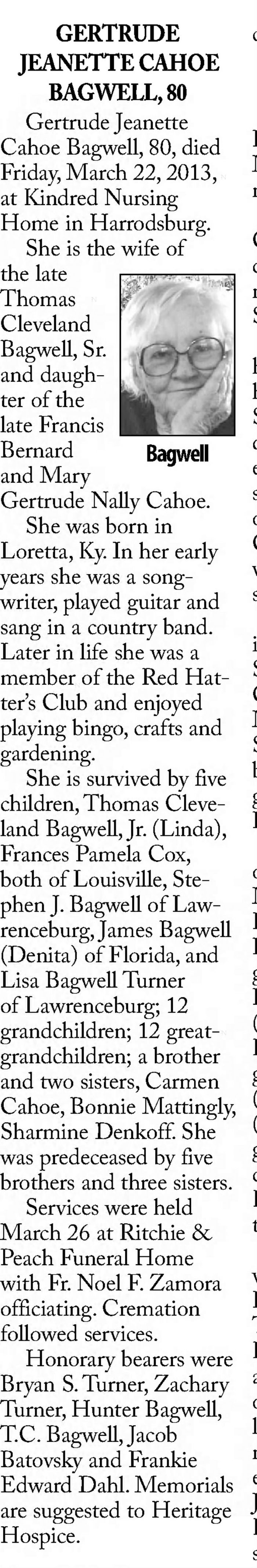 Gertrude Jeanette (Cahoe) Bagwell - Obituary
The Anderson News - March 27, 2013 - Page A06