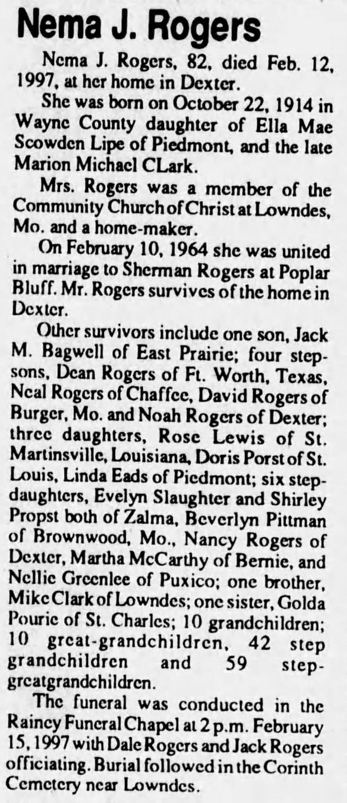 Nema Juanita (Clark) Bagwell - Obituary
Wayne County Journal Banner - February 20, 1997 - Page 09
