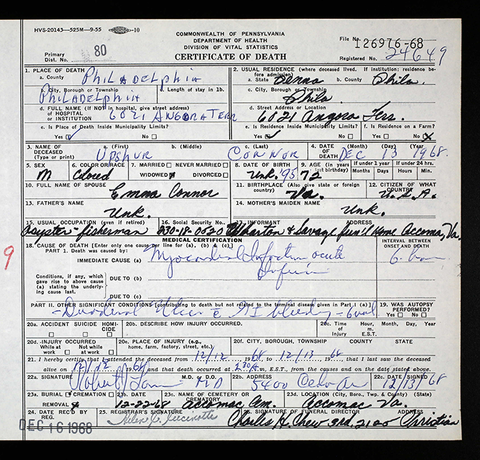 Upshur Lee Connor - 1892 to 1968
Certificate of Death - Commonweath of Pennsylvania