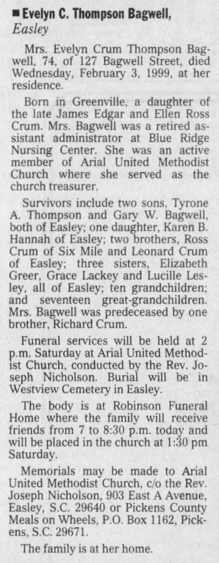 Evelyn (Crum) Bagwell - 1924 to 1999
The Greenville News - February 05, 1999 - Page 16