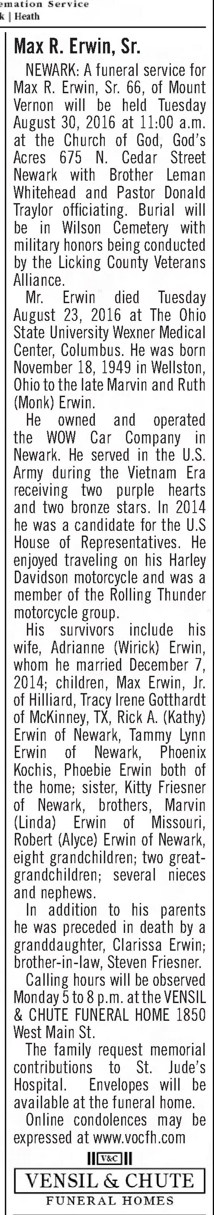 Max Russell Erwin - Obituary
The Newark Advocate - August 28, 2016 - Page B02