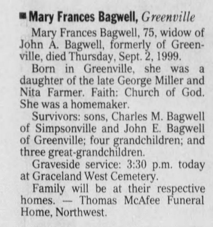 Mary Frances (Farmer) Bagwell - Obituary
The Greenville News - Spetember 04, 1999 - Page 18