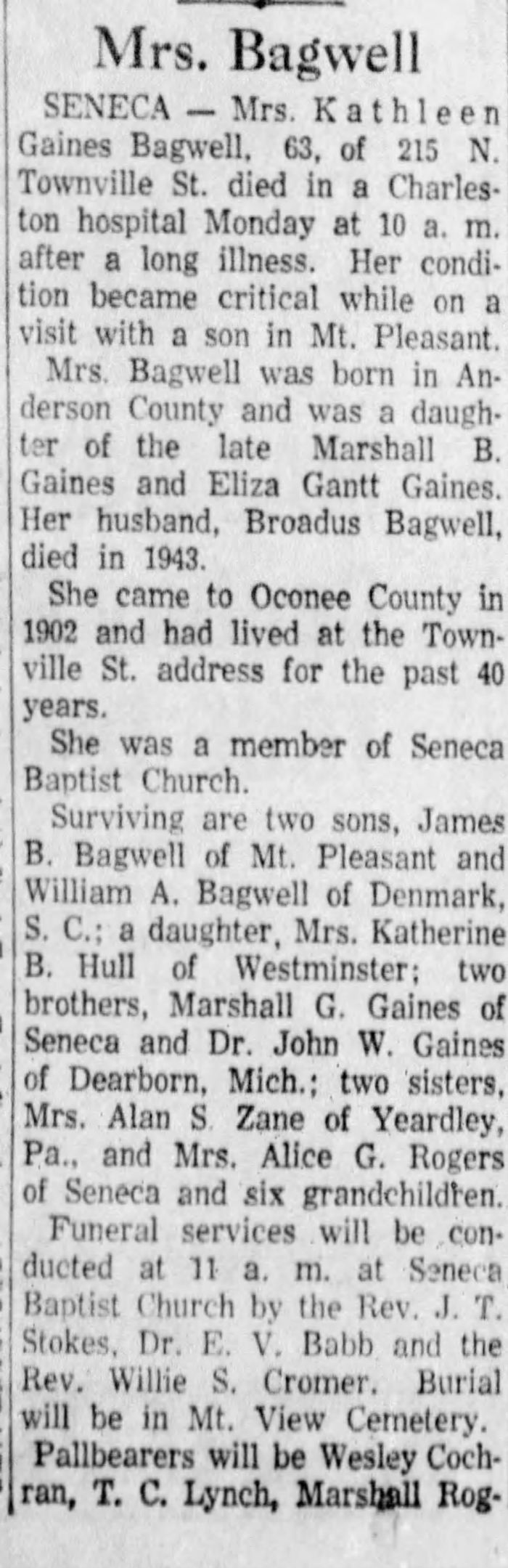 Kathleen (Gaines) Bagwell - Obituary
The Greenville News - April 28, 1959 - Page 16