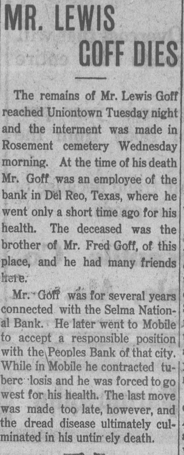 Lewis Morgan Goff - Obituary
The Canebrake Herald - November 24, 1911 - Page 01