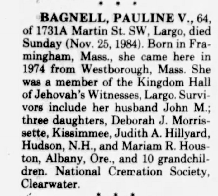 Pauline Violet (Gould) Bagwell - Obituary
Tampa Bay Times - November 27, 1984 - PAge 66