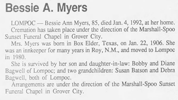 Bessie Ann (Green) (Bagwell) Myers - Obituary
Five Cities Times Press Recorder (Arroyo Grande, California)
January 10, 1992 - Page 14