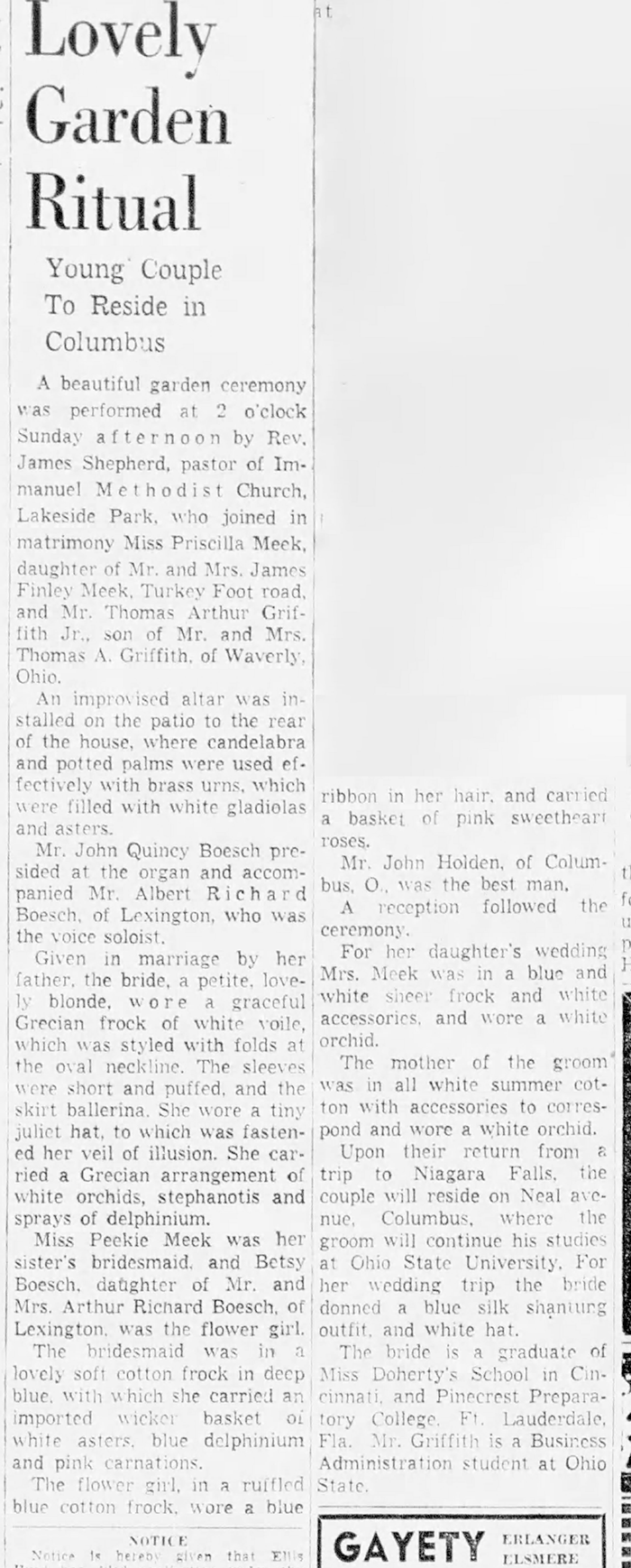 Thomas Arthur Griffith, Jr. and Priscilla Meeks - Marriage Annoucement
The Kentucky Post - July 23, 1957 - Page 04