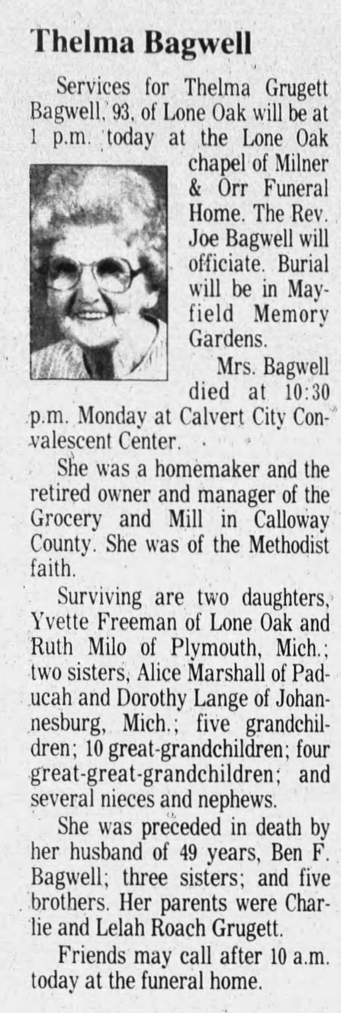 Thelma (Grugett) Bagwell - Obituary
The Paducah Sun - March 24, 2004 - Page 17