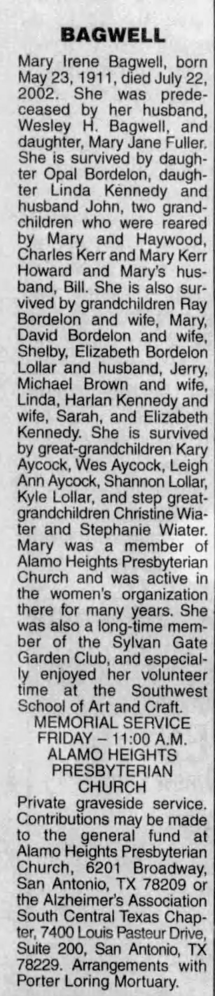 Mary Irene (Hammack) Bagwell - Obituary
San Antonio Express News - July 25, 2002 - Page 18