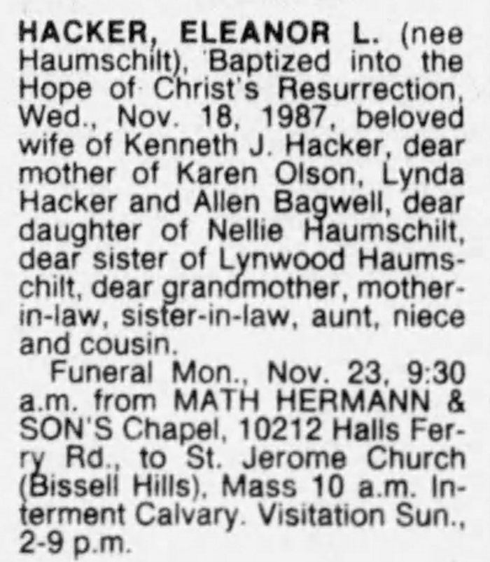 Eleanor Laverne (Haumschilt) Hacker Bagwell - Obituary
St. Louis Post Dispatch - November 21, 1987 - Page 08
