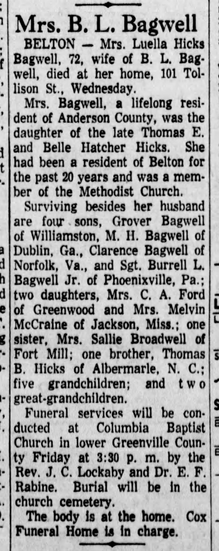 Lou Ella (Hicks) Bagwell - Obituary
The Greenville News - December 11, 1959 - Page 43