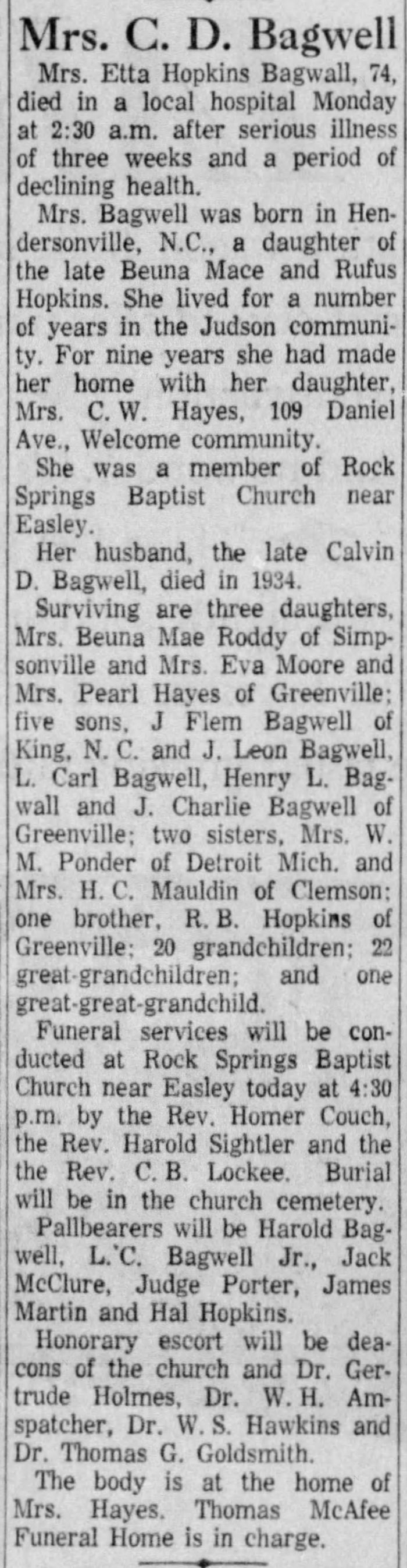 Etta Lillian (Hopkins) Bagwell - 1884 to 1959
The Greenville News - May 05, 1959 - Page 06