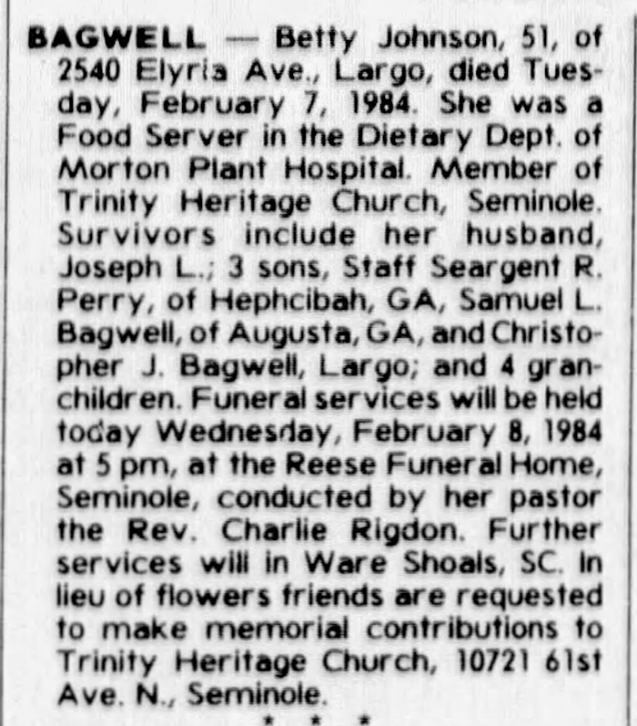 Mary Bettye (Johnson) Bagwell - Obituary
Tampa Bay Times - February 08, 1984 - Page 32