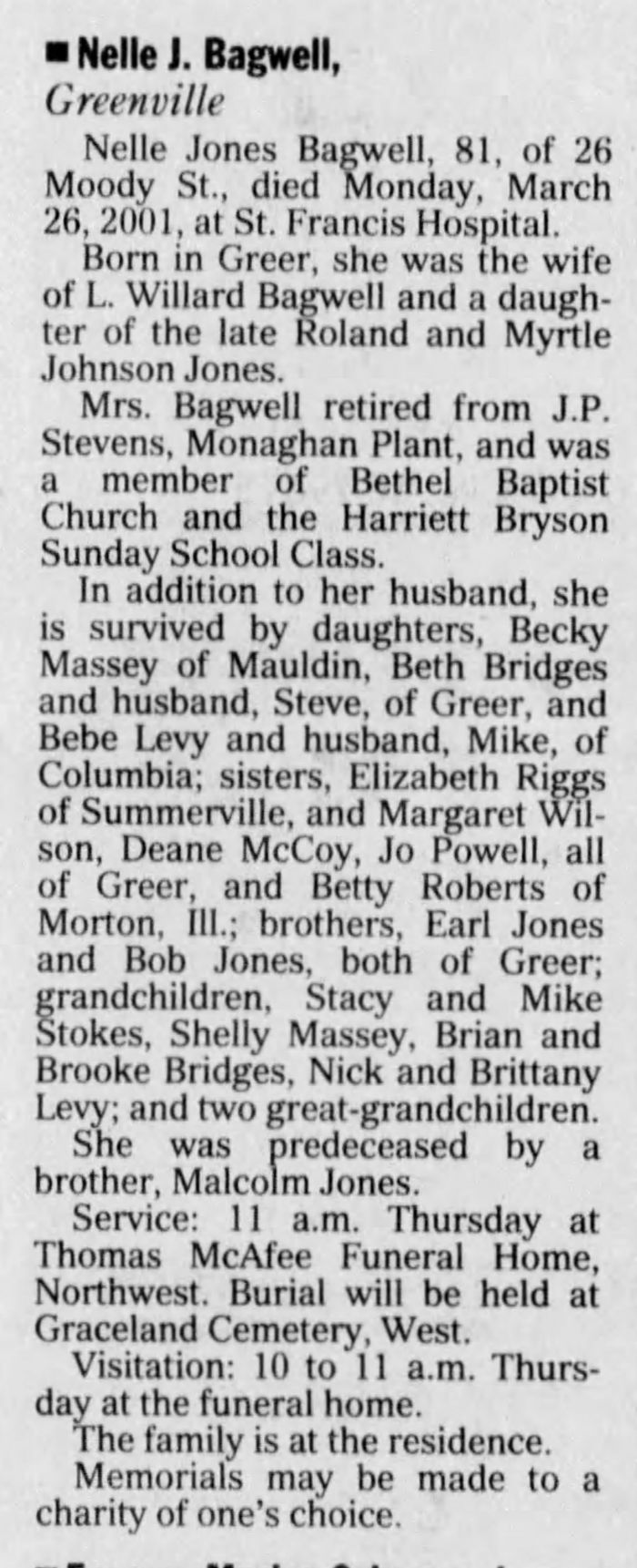 Mary Nelle (Jones) Bagwell - Obituary
The Greenville News - March 28, 2001 - Page 16