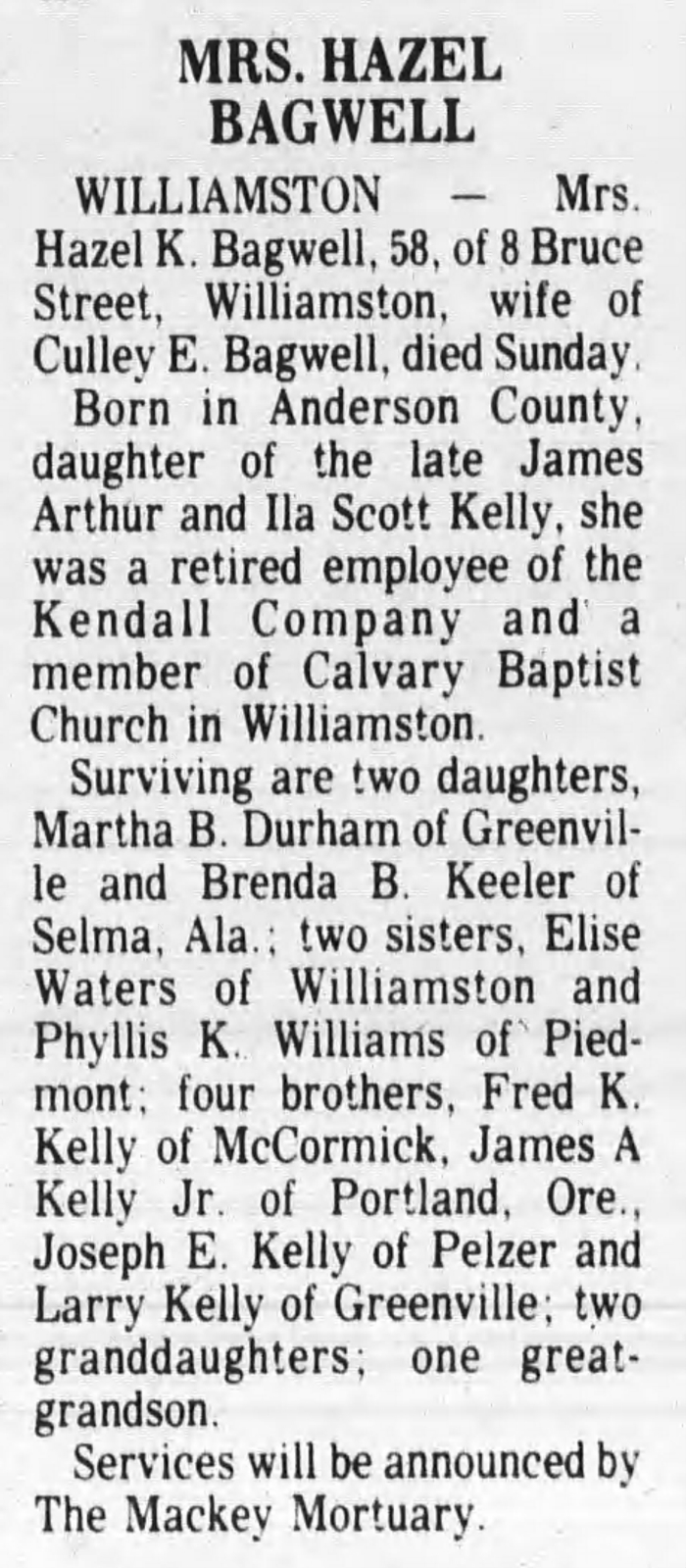Hazel (Kelly) Bagwell - Obituary
The Index Journal - January 16, 1978 - Page 05