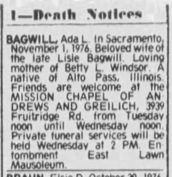 Ada L. (Lewis) Bagwill - Obituary
The Sacramento Bee - November 02, 1976 - Page 13