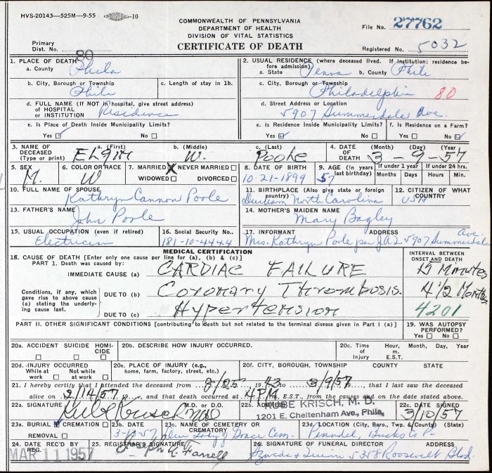 Elgin Waltham Poole - 1899 to 1957
Certificate of Death - Commonwealth of Pennsylvannia