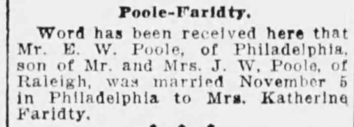 Elgin Waltham Poole and Katherine Cannon - Marriage Annoucement
The News and Observer - November 11, 1921 - Page 06