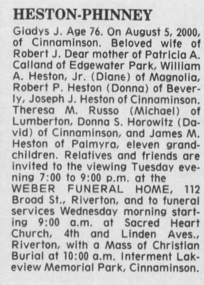 Gladys Joan (Poole) Heston Phinney - Obituary
Courier Post - August 8, 2000 - Page 14