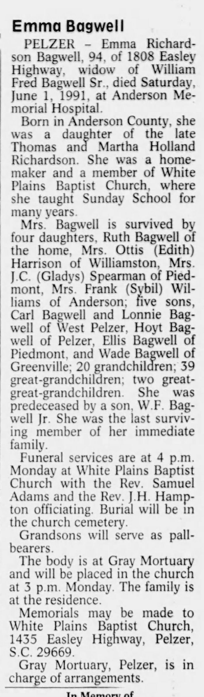 Genia Emma (Richardson) Bagwell - Obituary
Anderson Independent Mail - June 03, 1991 - Page 10
