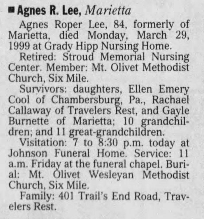 Agnes Elizabeth (Roper) Bagwell - Obituary
The Greenville News - April 01, 1999 - Page 86