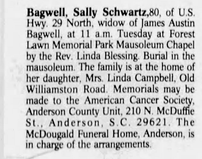 Susan (Schwartz) Bagwell - Obituary
Anderson Independent Mail - July 12, 1988 - Page 16