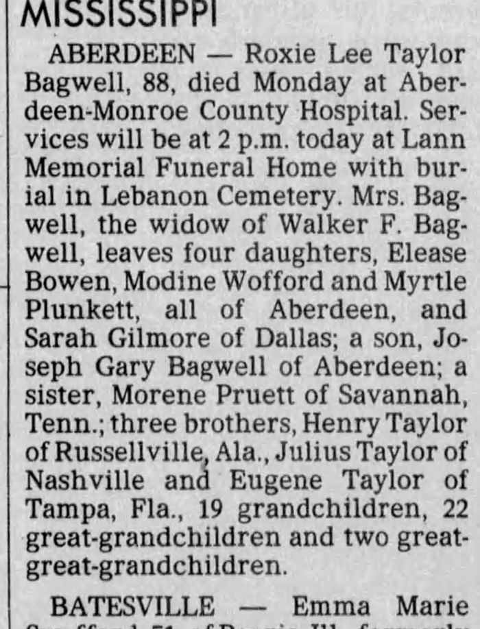 Roxie Lee (Taylor) Bagwell - Obituary
The Commercial Appeal - March 10, 1992 - Page 05
