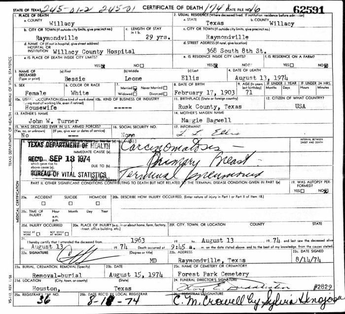 Bessie Leone (Turner) Ellis - 1903 to 1974
Certificate of Death - State of Texas