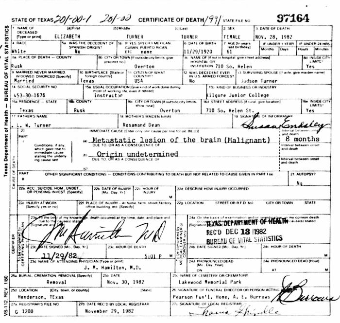 Elizabeth Orr (Turner) Turner - 1920 to 1982
Certificate of Death - State of Texas