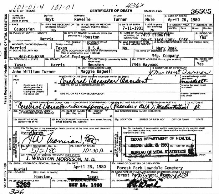 Hoyt Revelle Turner - 1901 to 1980
Certificate of Death - State of Texas