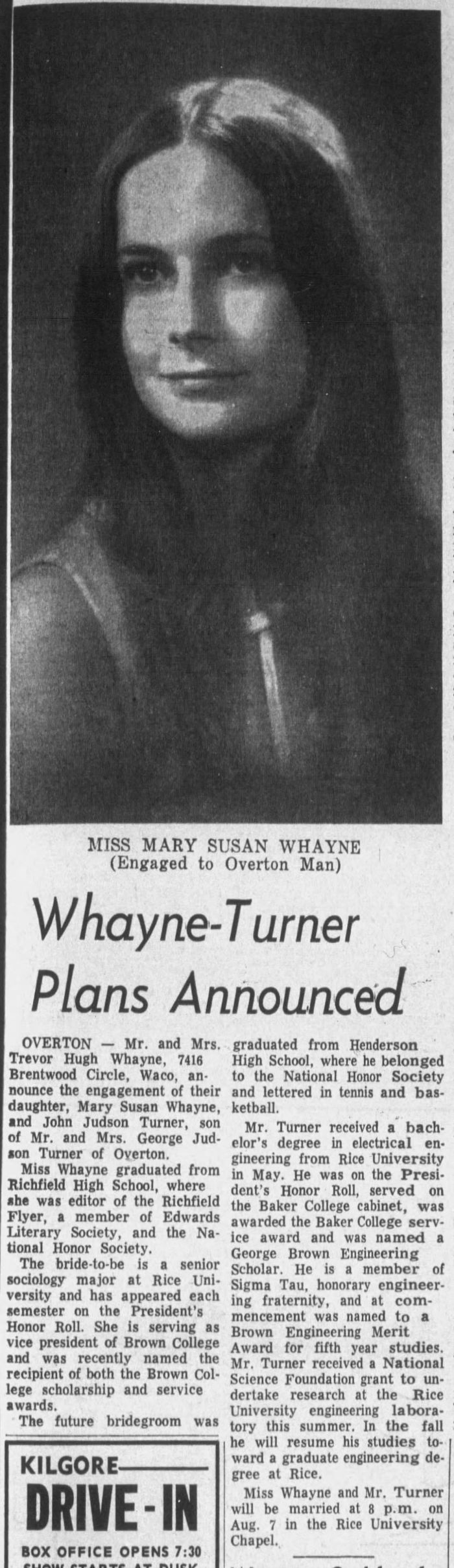 John Judson Turner and Mary Susan Whayne - Marriage Announcement
The Kilgore News Herald - June 20, 1971 - Page 21