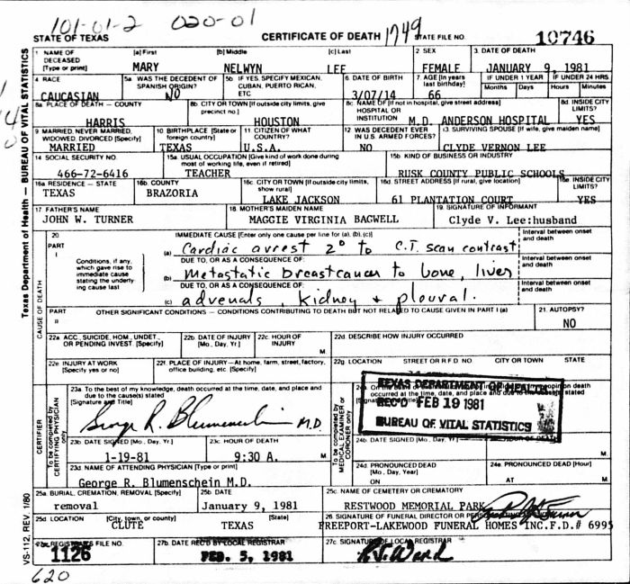 Mary Nelwyn (Turner) Lee - 1914 to 1981
Certificate of Death - State of Texas