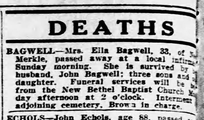 Ella (Winsted) Bagwell - Obituary
Birmingham Post Herald - June 24, 1930 - Page 16